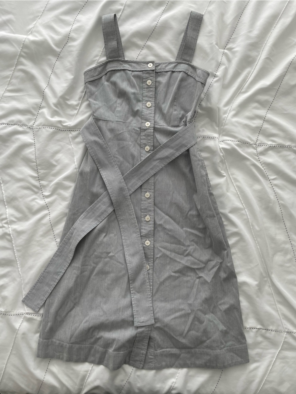 Everlane Gray Pinstripe Apron-Style Dress